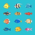 Fish outline multicolored vector icon set.