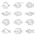 Fish outline vector icon set tropical, marine, oceanic. Royalty Free Stock Photo