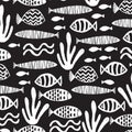 Fish pattern block print seamless vector texture background. Repeat cute kids ocean animal black and white pattern swatch.