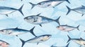 Fish pattern on blue background. Top view. Creative design for packaging. Food seamless pattern. Seafood, dorado fish