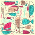 Fish Pattern Hand Drawn. Underwater doodle collection.