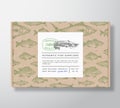 Fish Pattern Realistic Cardboard Box with Banner. Abstract Vector Packaging Design or Label. Modern Typography, Hand