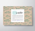 Fish Pattern Realistic Cardboard Box with Banner. Abstract Vector Packaging Design or Label. Modern Typography, Hand Royalty Free Stock Photo