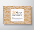 Fish Pattern Realistic Cardboard Box with Banner. Abstract Vector Packaging Design or Label. Modern Typography, Hand