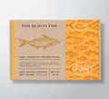 Fish Pattern Realistic Cardboard Container. Abstract Vector Seafood Packaging Design or Label. Modern Typography, Hand Royalty Free Stock Photo