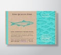 Fish Pattern Realistic Cardboard Container. Abstract Vector Seafood Packaging Design or Label. Modern Typography, Hand Royalty Free Stock Photo