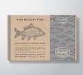 Fish Pattern Realistic Cardboard Container. Abstract Vector Seafood Packaging Design or Label. Modern Typography, Hand Royalty Free Stock Photo