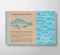 Fish Pattern Realistic Cardboard Container. Abstract Vector Seafood Packaging Design or Label. Modern Typography, Hand Royalty Free Stock Photo