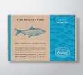 Fish Pattern Realistic Cardboard Container. Abstract Vector Seafood Packaging Design or Label. Modern Typography, Hand Royalty Free Stock Photo