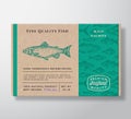 Fish Pattern Realistic Cardboard Container. Abstract Vector Seafood Packaging Design or Label. Modern Typography, Hand Royalty Free Stock Photo