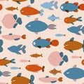 Fish pattern in retro risograph printing style. Cartoon aquatic fishes illustration.