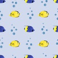 Fish pattern. Seamless watercolor blue and yellow fish.