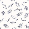 Fish pattern. Sketch of salmon. Hand drawn vector illustrations.