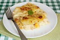 Fish pie on cafe table Royalty Free Stock Photo