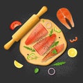 Fish pie ingredients. Dough, red salmon fillet, lemon, tomato slices, arugula and rosemary greens, vector illustration.