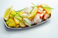 Fish pie mix, defrosted, skinless and boneless cod, dyed smoked haddock and salmon Royalty Free Stock Photo