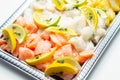 Fish pie mix, raw skinless and boneless cod, dyed smoked haddock and salmon Royalty Free Stock Photo