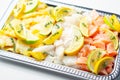 Fish pie mix, raw skinless and boneless cod, dyed smoked haddock and salmon Royalty Free Stock Photo