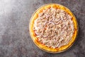 Fish pizza with tomato sauce, canned tuna, mozzarella cheese and red onion close-up on a wooden board. Horizontal top view Royalty Free Stock Photo