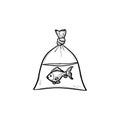 A fish in the plastic bag hand drawn outline doodle icon. Royalty Free Stock Photo