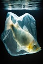 Fish in plastic bag. Massive plastic pollution underwater concept. Ecological problem. Generative AI