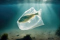 Fish in plastic bag. Massive plastic pollution underwater concept. Ecological problem. Generative AI