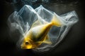 Fish in plastic bag. Massive plastic pollution underwater concept. Ecological problem. Generative AI