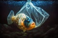 Fish in plastic bag. Massive plastic pollution underwater concept. Ecological problem. Generative AI