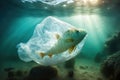 Fish in plastic bag. Massive plastic pollution underwater concept. Ecological problem. Generative AI