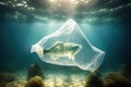 Fish in plastic bag. Massive plastic pollution underwater concept. Ecological problem. Generative AI