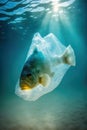 Fish in plastic bag. Massive plastic pollution underwater concept. Ecological problem. Generative AI