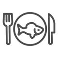 Fish in plate with fork and knife line icon, seafood concept, Menu fish restaurant sign on white background, Fish on Royalty Free Stock Photo