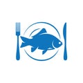 Fish on plate with fork and knife logo on white background