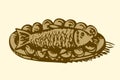 Fish in a plate with lemon. Vector drawing