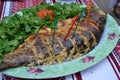 Fried fish is on a plate.