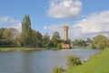 Fish pond and water tower in a park in Melle