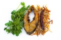 Hilsa fish fry, onion and dried chilly with Coriander leaf in plate. Royalty Free Stock Photo