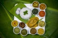 Bangla Cuisine Vorta, vaji, fish curry and vegetables curry platter.