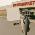 Fish with a poster in front of a supermarket. Royalty Free Stock Photo