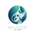 Fish, prawn, shell, crab and squid circle shape, logo icon set design green and dark blue gradient color illustration