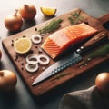 Fish preparation on a kitchen work surface chopping board, with ingredients Royalty Free Stock Photo