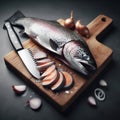 Fish preparation on a kitchen work surface chopping board, with ingredients Royalty Free Stock Photo