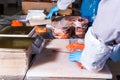 Fish production. Worker cuts fish with a knife into pieces for packaging Royalty Free Stock Photo