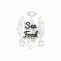 Fish products sign with hand drawn fish mackerel, sprat, anchovy vector design