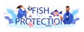 Fish protection typographic header. Ichthyologist, ocean fauna scientist.