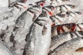 Fish, raw fillets on ice at market, selective focus Royalty Free Stock Photo