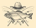 Fishing emblem in vintage engraving style. Fish and rod symbol. Sports recreation, sketch vector illustration Royalty Free Stock Photo