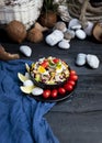 Fish salad with sardines, harringe, tuna, tomato, lemon, lettuce, cabbage, olives, beans, corn, carrotes and eggs