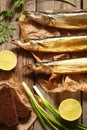 Fish saury smoked on wooden background