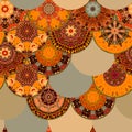 Fish-scales bright seamless pattern with different rosettes in ethnic style.